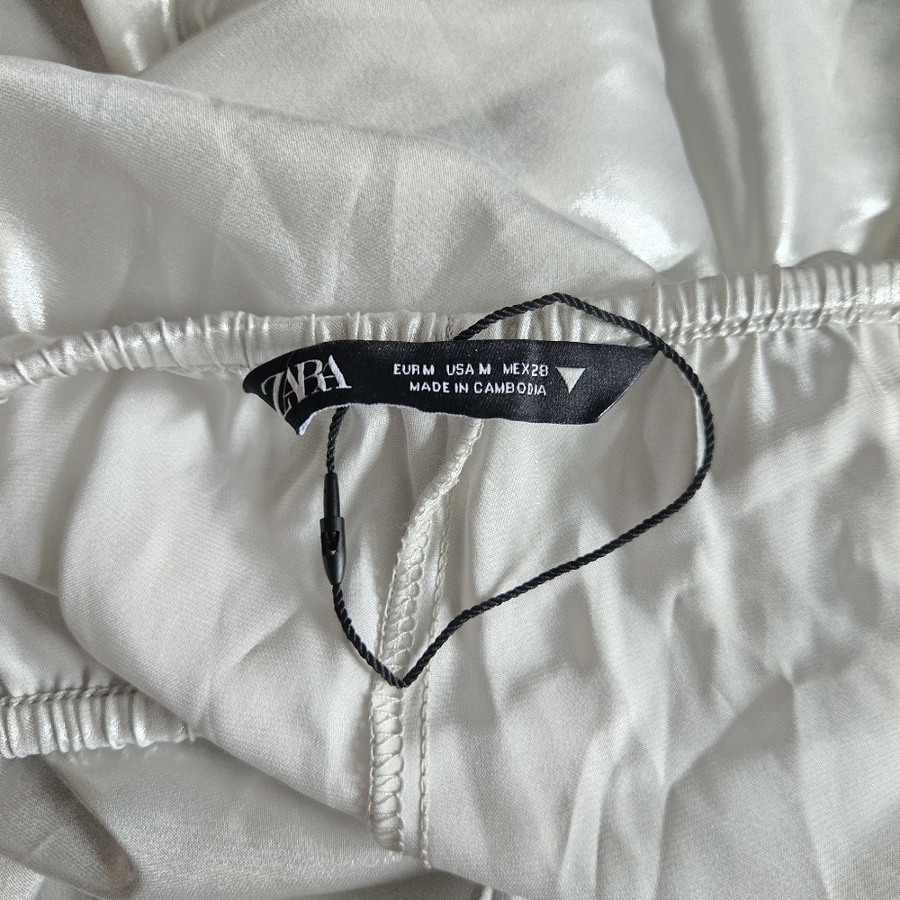 New Zara Shiny Silver Mid Rise Elastic Waist Wide-Leg Pajama Style Pants Medium - Picture 11 of 12